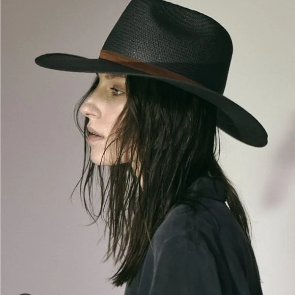 Janessa Leone Black Straw Hat with Brown Band goop | Birdie Visor main image 4